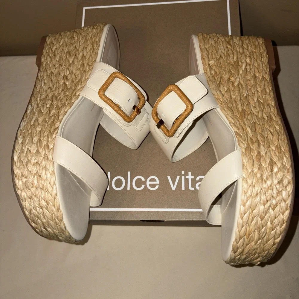 NIB $130 Dolce Vita 9.5 Thorin Ivory Leather Sandals Platform Wedge Slip On